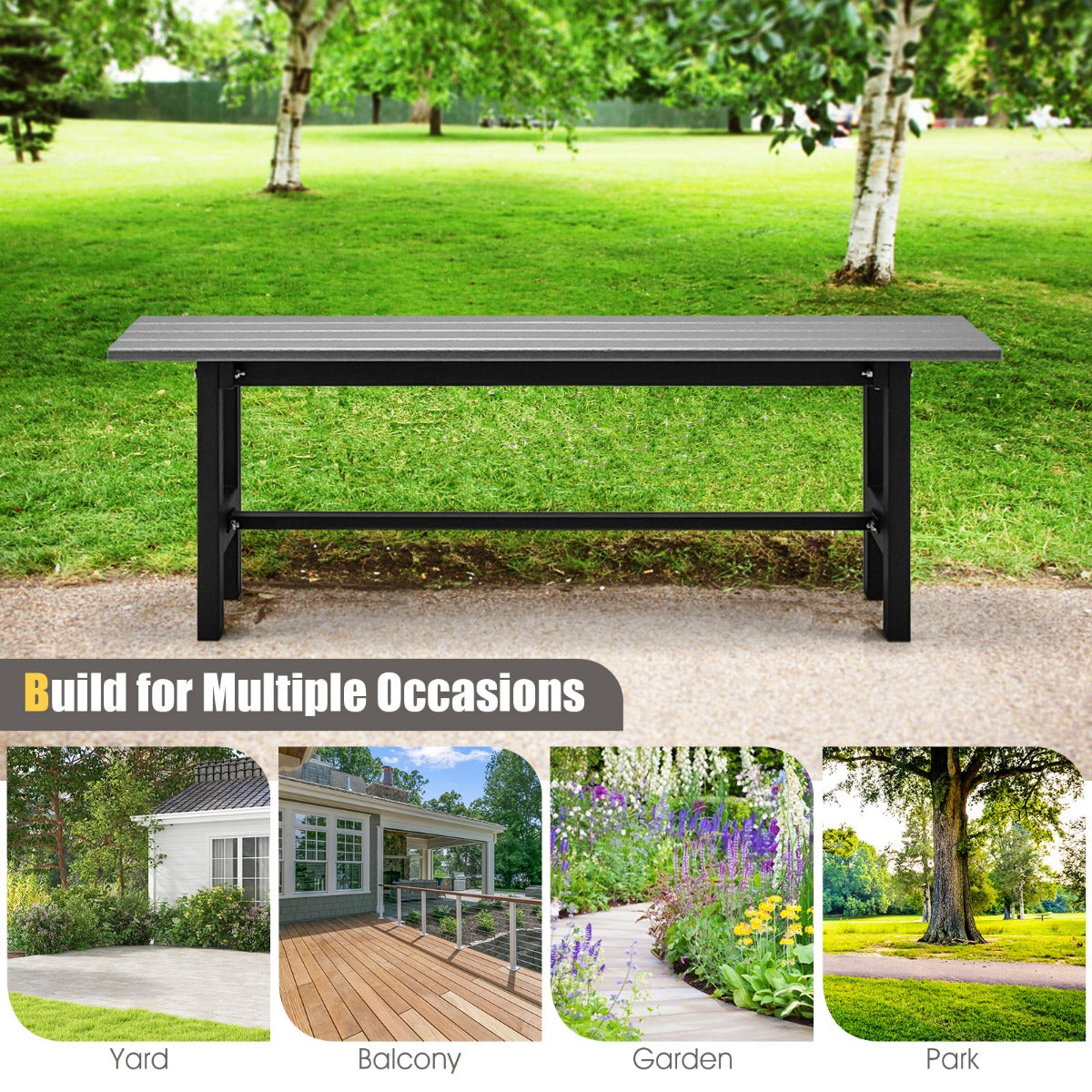 LIVSK Tuinbank van HDPE en Metaal - Weerbestendig - Ergonomisch Design - Draagvermogen 300 kg - 120 x 36 x 40,5 cm - Grijs
