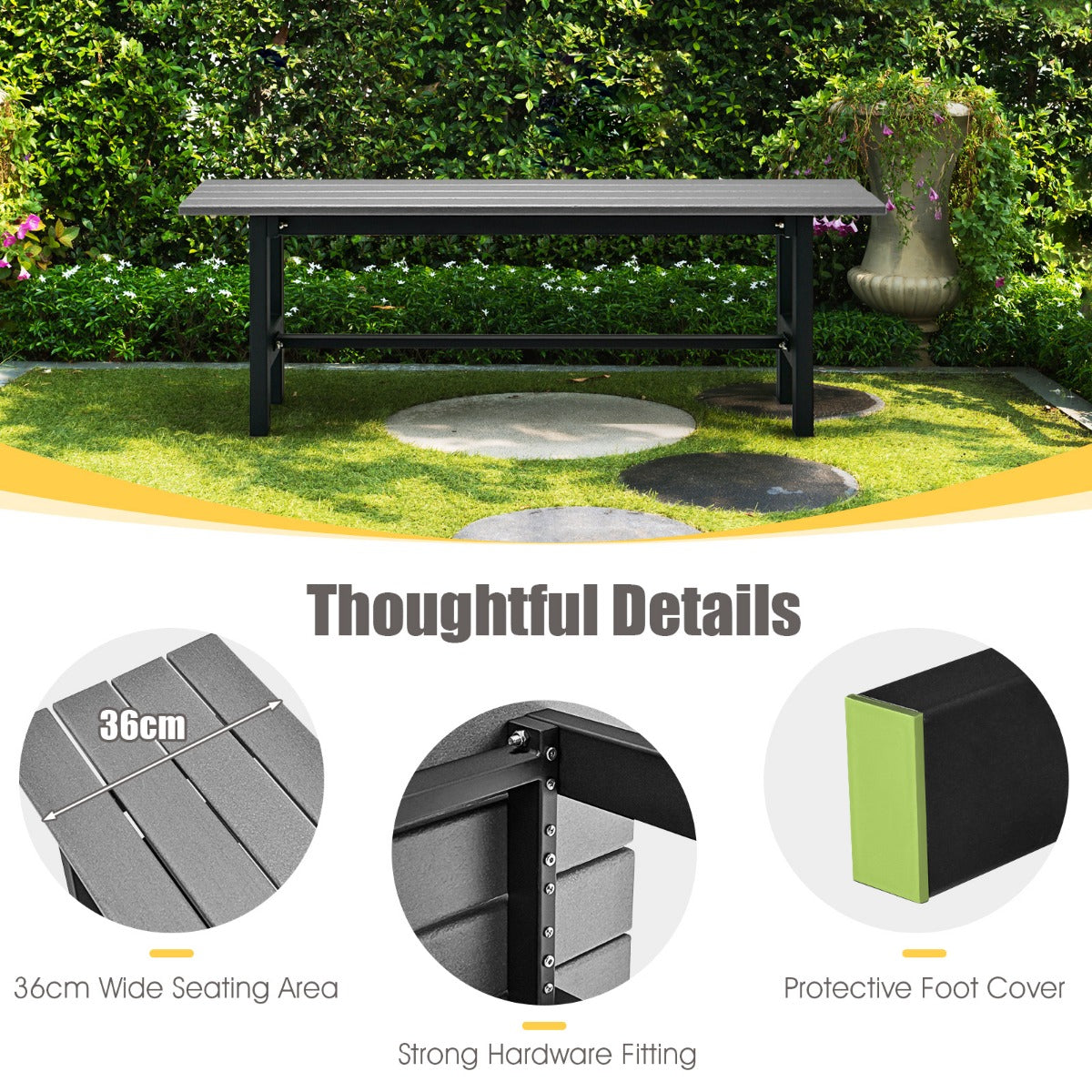 LIVSK Tuinbank van HDPE en Metaal - Weerbestendig - Ergonomisch Design - Draagvermogen 300 kg - 120 x 36 x 40,5 cm - Grijs