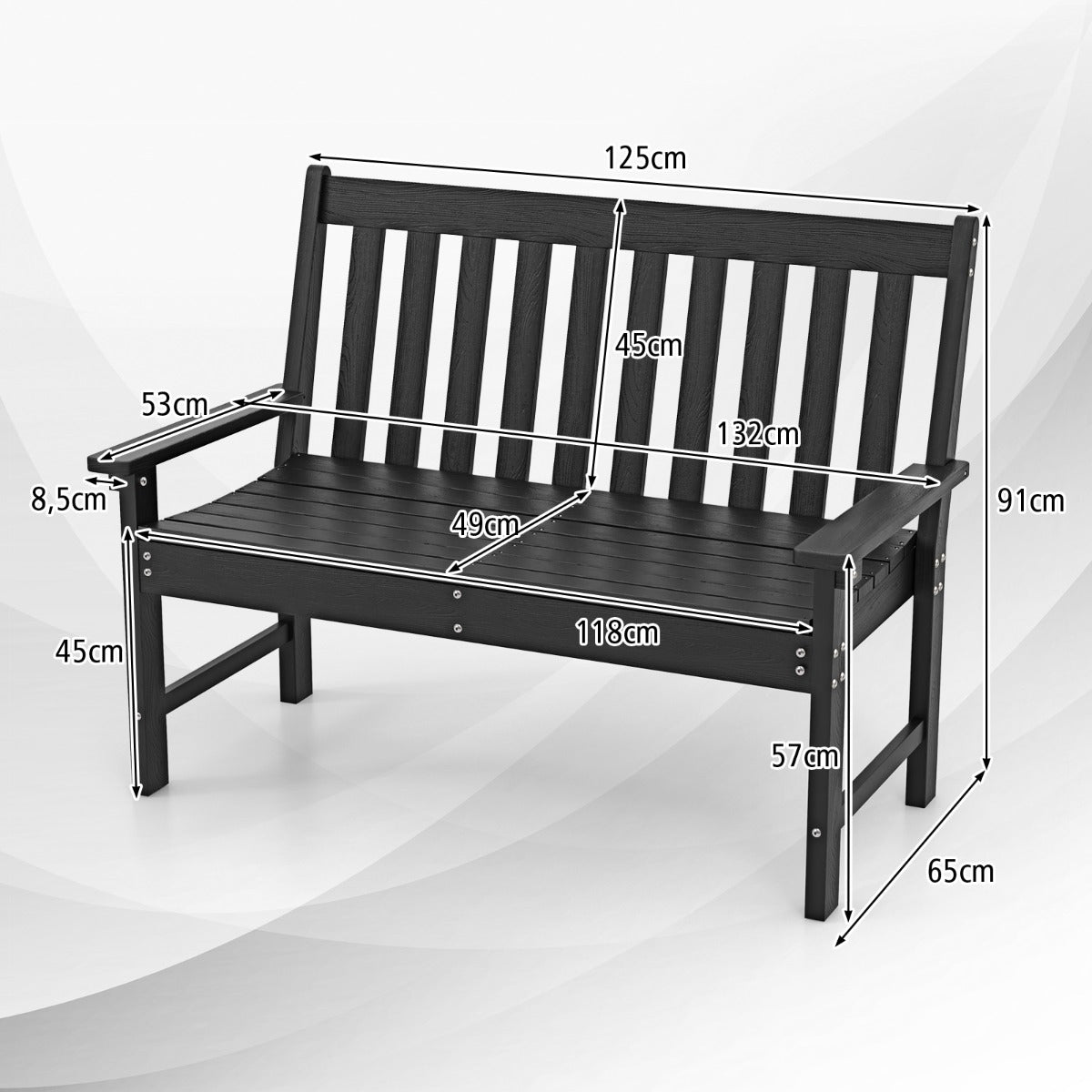 LIVSK Weerbestendige Tuinbank - HDPE - Comfortabel en Onderhoudsvriendelijk - Draagvermogen 320 kg - 132 x 65 x 91 cm - Zwart