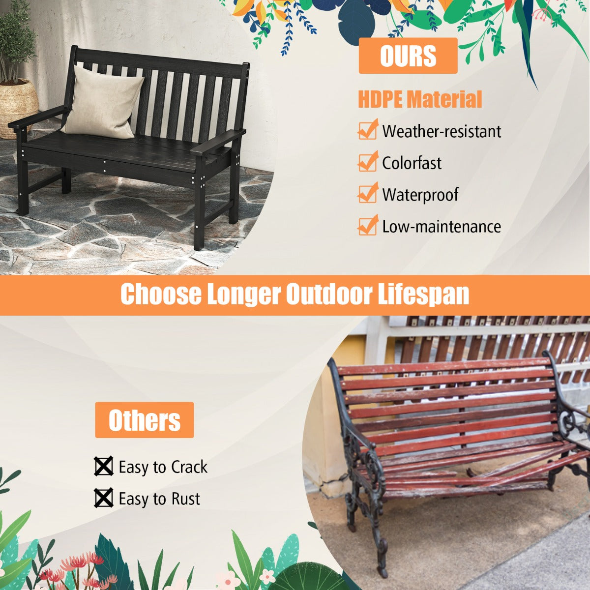 LIVSK Weerbestendige Tuinbank - HDPE - Comfortabel en Onderhoudsvriendelijk - Draagvermogen 320 kg - 132 x 65 x 91 cm - Zwart