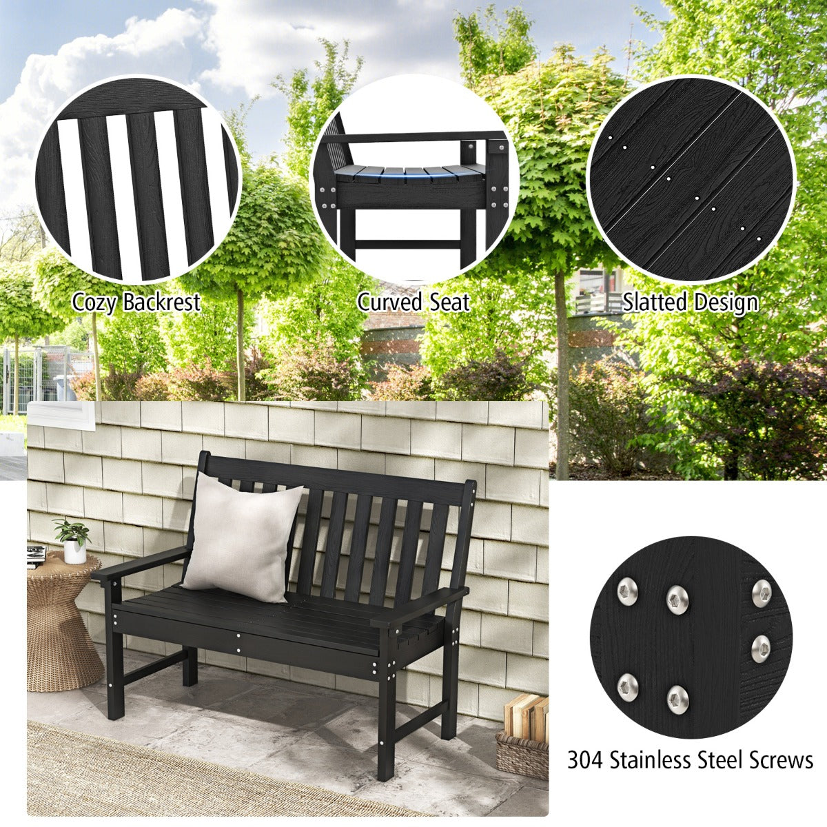 LIVSK Weerbestendige Tuinbank - HDPE - Comfortabel en Onderhoudsvriendelijk - Draagvermogen 320 kg - 132 x 65 x 91 cm - Zwart