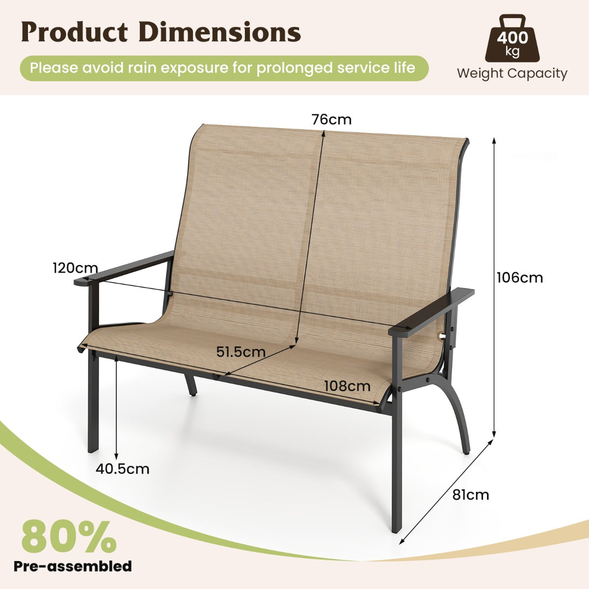 LIVSK 2-Persoons Tuinbank - Met Verstevigd Frame en Ergonomisch Ontwerp - Tot 400 kg - 81 x 120 x 106 cm - Koffie