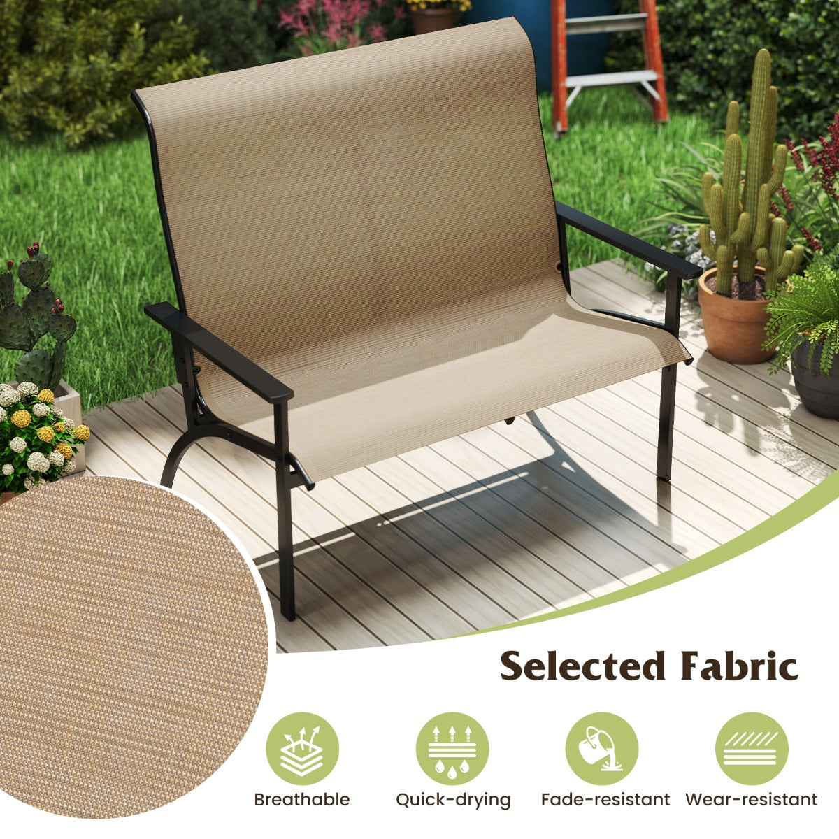 LIVSK 2-Persoons Tuinbank - Met Verstevigd Frame en Ergonomisch Ontwerp - Tot 400 kg - 81 x 120 x 106 cm - Koffie