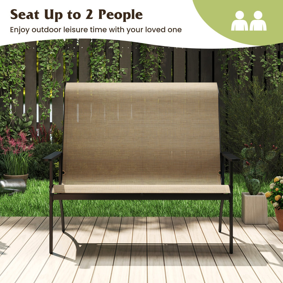 LIVSK 2-Persoons Tuinbank - Met Verstevigd Frame en Ergonomisch Ontwerp - Tot 400 kg - 81 x 120 x 106 cm - Koffie