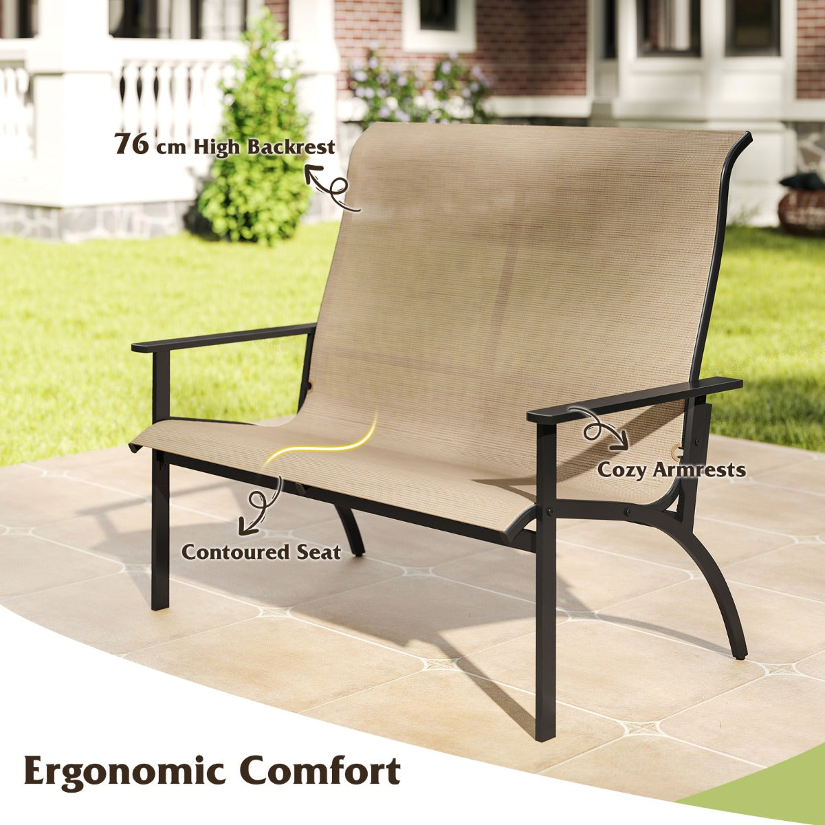 LIVSK 2-Persoons Tuinbank - Met Verstevigd Frame en Ergonomisch Ontwerp - Tot 400 kg - 81 x 120 x 106 cm - Koffie