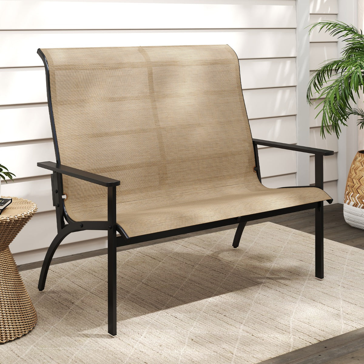 LIVSK 2-Persoons Tuinbank - Met Verstevigd Frame en Ergonomisch Ontwerp - Tot 400 kg - 81 x 120 x 106 cm - Koffie