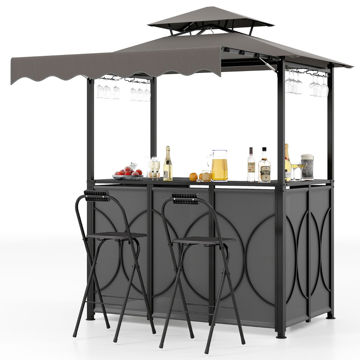 LIVSK Grillgazebo met Ingebouwde Bartafel - Inclusief 2 Barkrukken - Weerbestendig - Stabiel Metalen Frame - Grijs