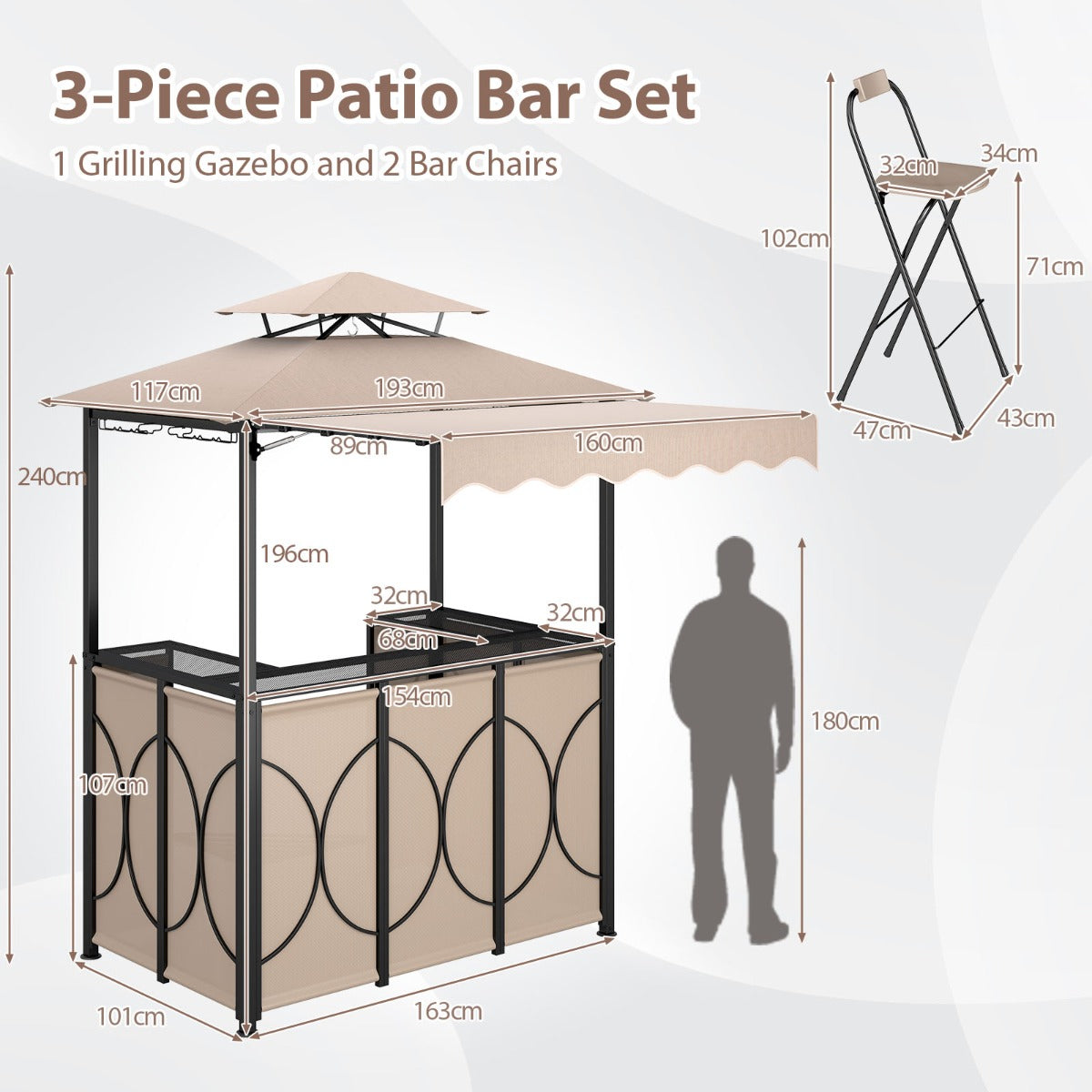 LIVSK Grillgazebo met Ingebouwde Bartafel en 2 Barkrukken - Duurzaam Polyester - Handige Luifel - 193 x 117 x 240 cm - Bruin