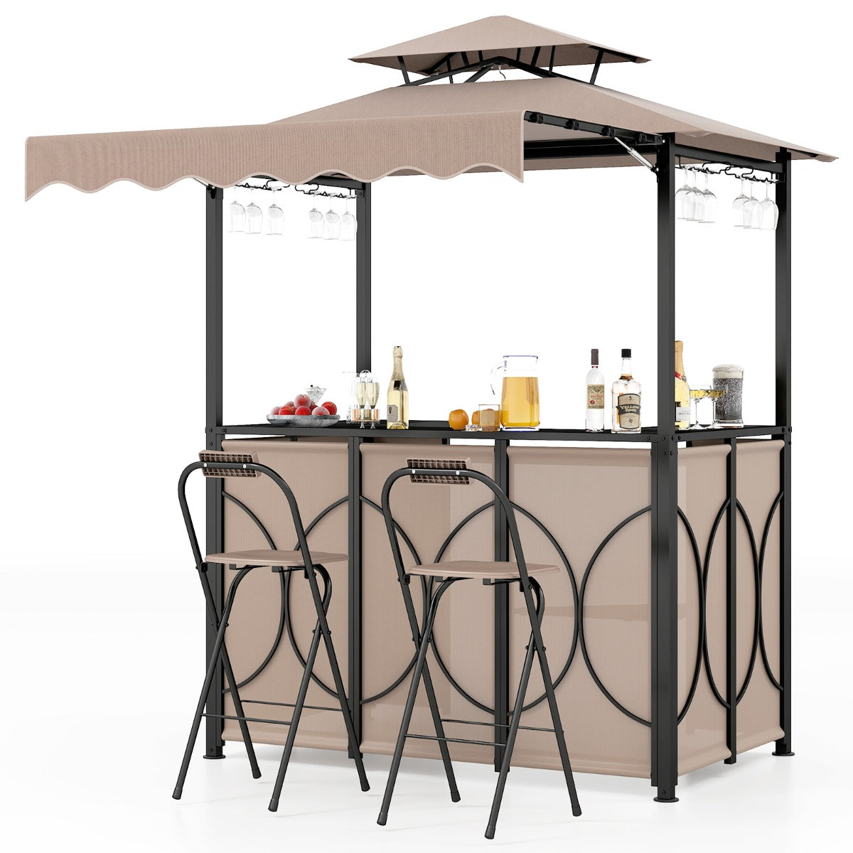 LIVSK Grillgazebo met Ingebouwde Bartafel en 2 Barkrukken - Duurzaam Polyester - Handige Luifel - 193 x 117 x 240 cm - Bruin