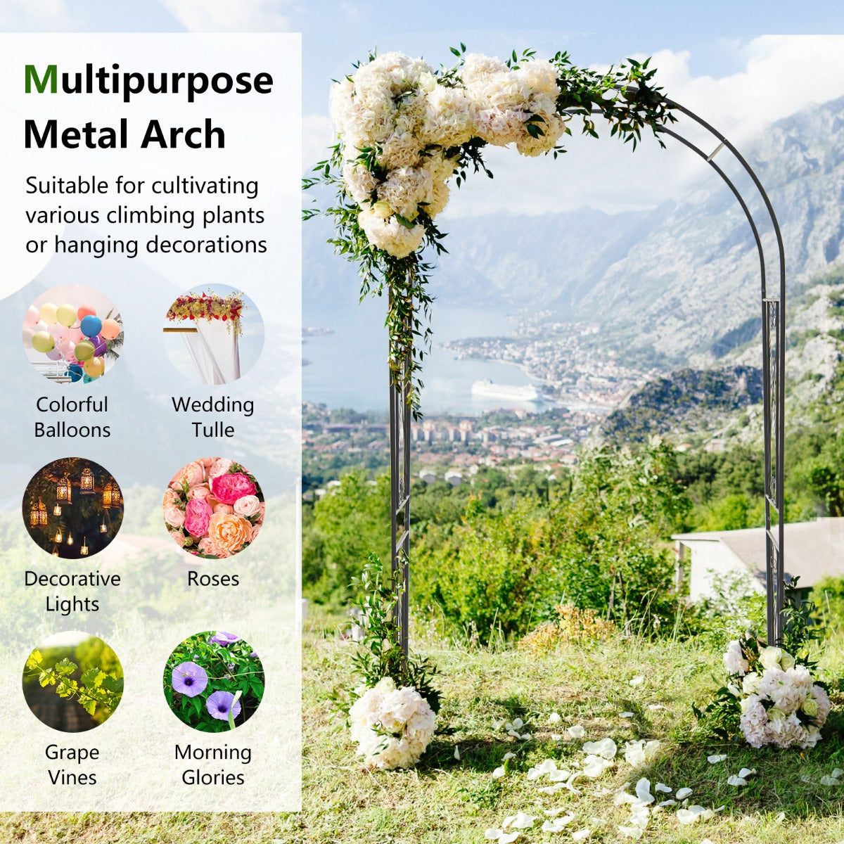 Livsk costway tuinboog 220 cm stevige metalen boog pergola decoratie plantensteun voor de binnenplaats 3