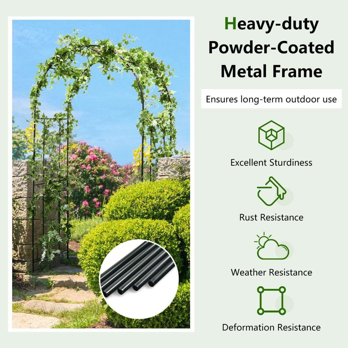 Livsk costway tuinboog 220 cm stevige metalen boog pergola decoratie plantensteun voor de binnenplaats 6