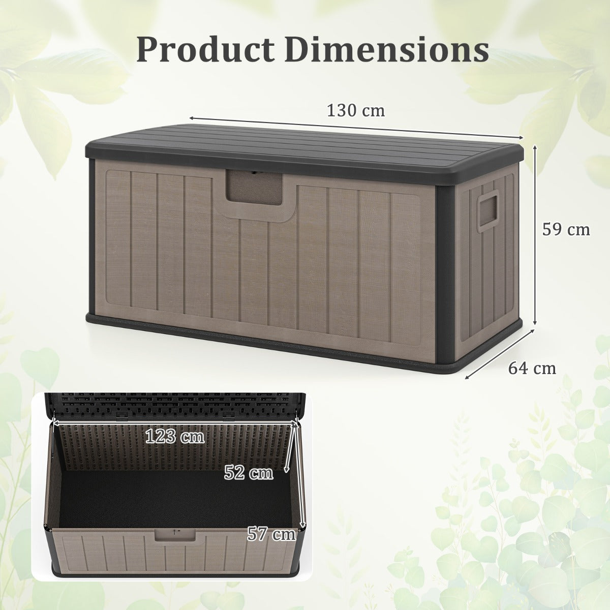 LIVSK Tuinbox 378 L - Waterdicht HDPE - Openklapbaar met Gasveer - Veilig en Handig - 130 x 64 x 59 cm - Zwart + Bruin