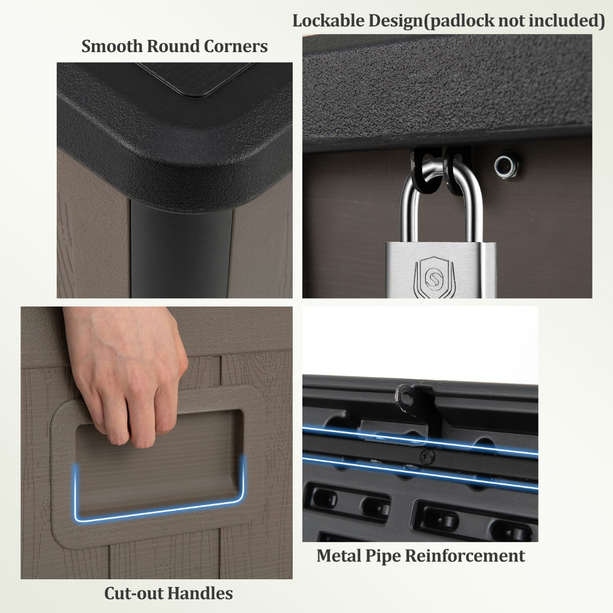 LIVSK Tuinbox 378 L - Waterdicht HDPE - Openklapbaar met Gasveer - Veilig en Handig - 130 x 64 x 59 cm - Zwart + Bruin