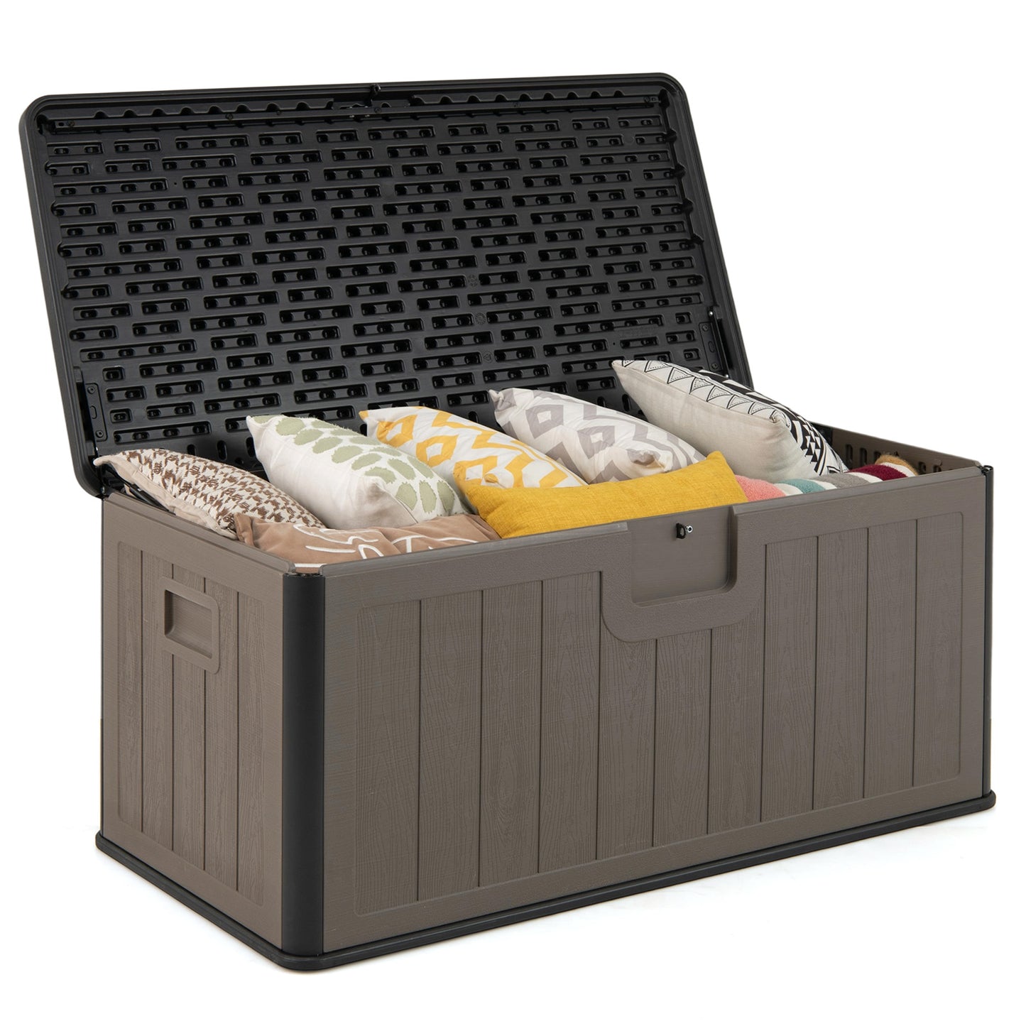 LIVSK Tuinbox 378 L - Waterdicht HDPE - Openklapbaar met Gasveer - Veilig en Handig - 130 x 64 x 59 cm - Zwart + Bruin
