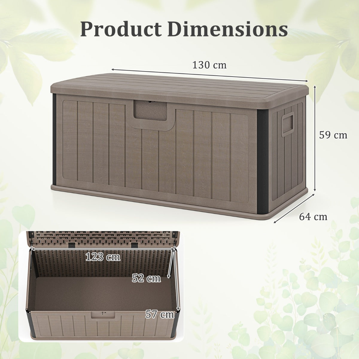 LIVSK Tuinbox 378 L - Waterdicht HDPE - Openklapbaar Deksel - Opbergbox en Extra Zitplek - 130 x 64 x 59 cm - Bruin