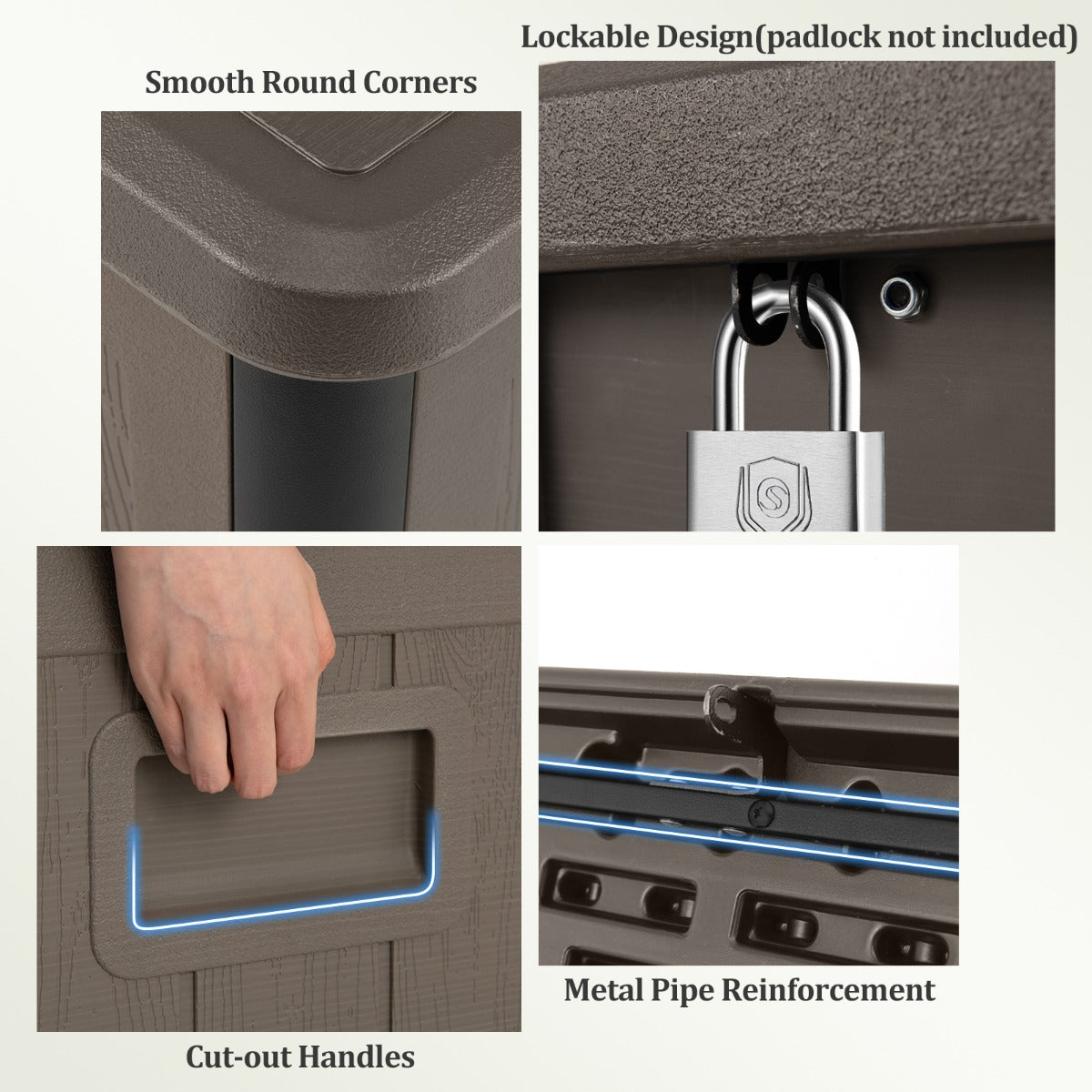 LIVSK Tuinbox 378 L - Waterdicht HDPE - Openklapbaar Deksel - Opbergbox en Extra Zitplek - 130 x 64 x 59 cm - Bruin