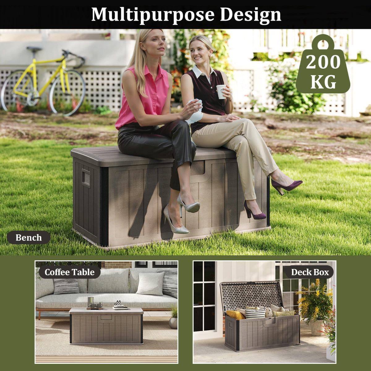 LIVSK Tuinbox 378 L - Waterdicht HDPE - Openklapbaar Deksel - Opbergbox en Extra Zitplek - 130 x 64 x 59 cm - Bruin