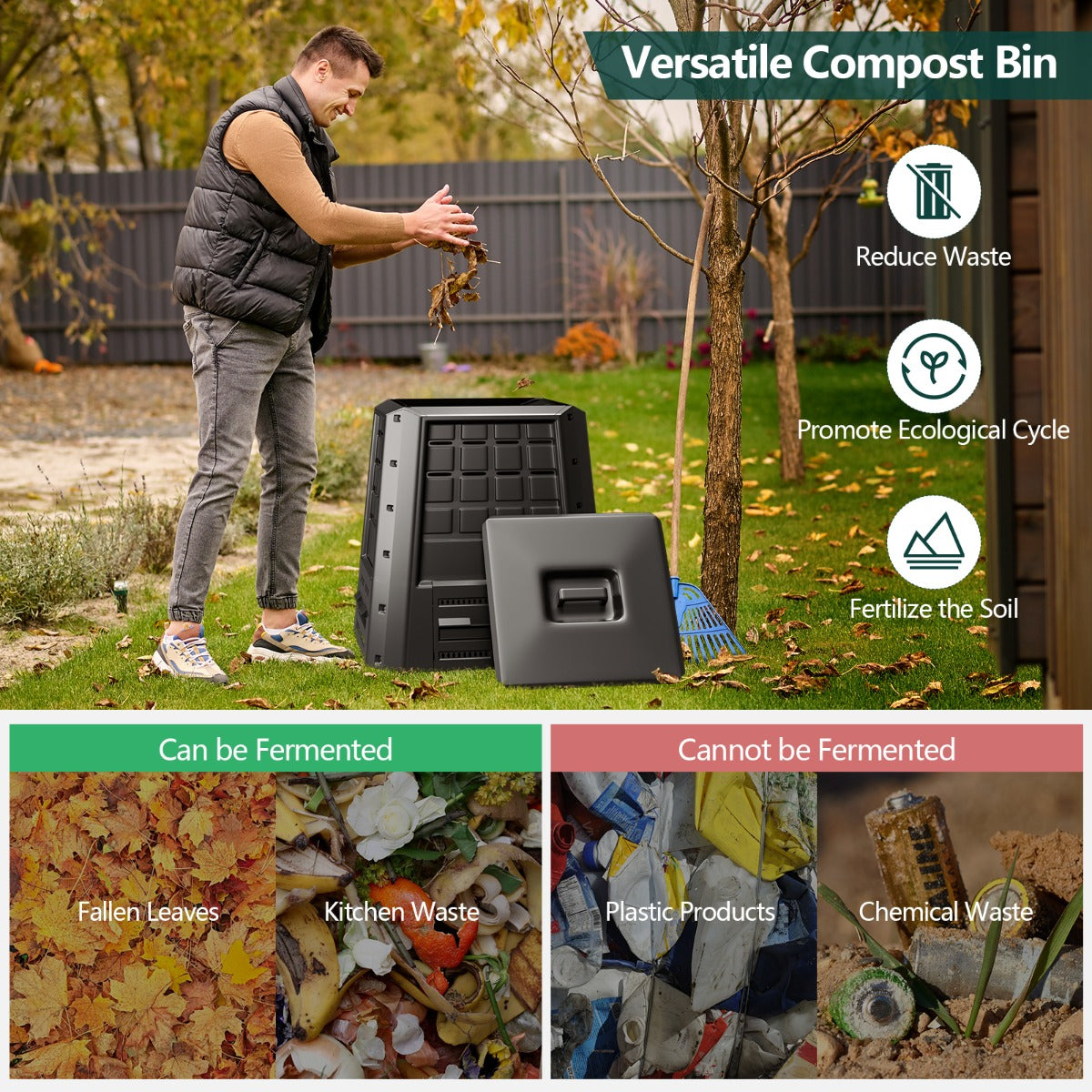 LIVSK Compostcontainer 380 L - Duurzaam PP - Verstelbare Luchtopeningen - Praktisch Deksel - Eenvoudige Montage - Zwart