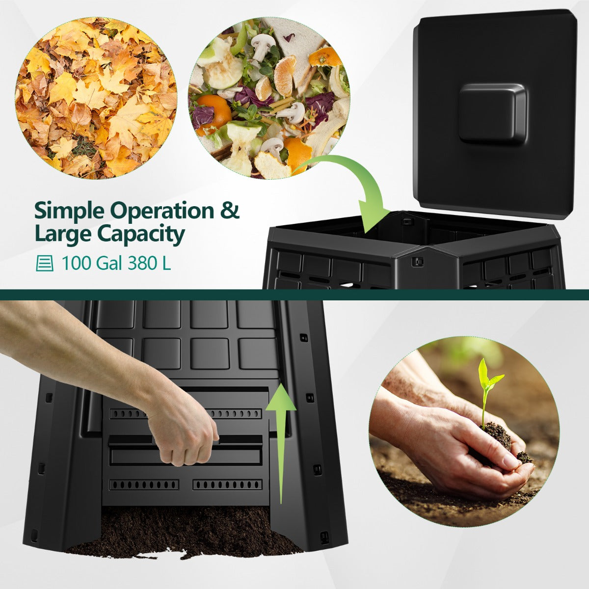 LIVSK Compostcontainer 380 L - Duurzaam PP - Verstelbare Luchtopeningen - Praktisch Deksel - Eenvoudige Montage - Zwart