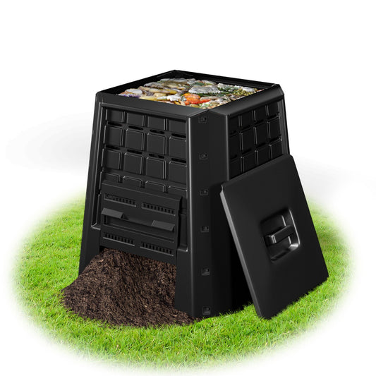 LIVSK Compostcontainer 380 L - Duurzaam PP - Verstelbare Luchtopeningen - Praktisch Deksel - Eenvoudige Montage - Zwart