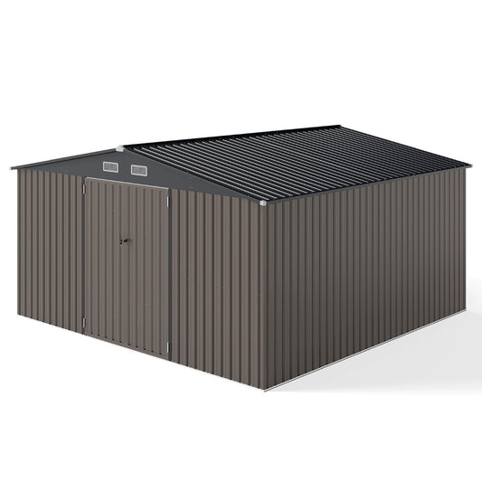 LIVSK Metalen Tuinhuis - Ruime Opbergruimte 350 x 350 x 198 cm - Schuin Dak - Ventilatieopeningen - Veilig met 2 Deuren - Grijs
