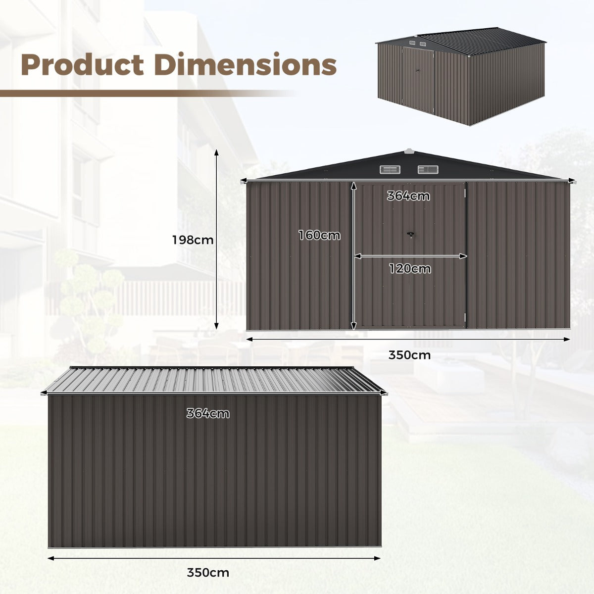 LIVSK Metalen Tuinhuis - Ruime Opbergruimte 350 x 350 x 198 cm - Schuin Dak - Ventilatieopeningen - Veilig met 2 Deuren - Grijs