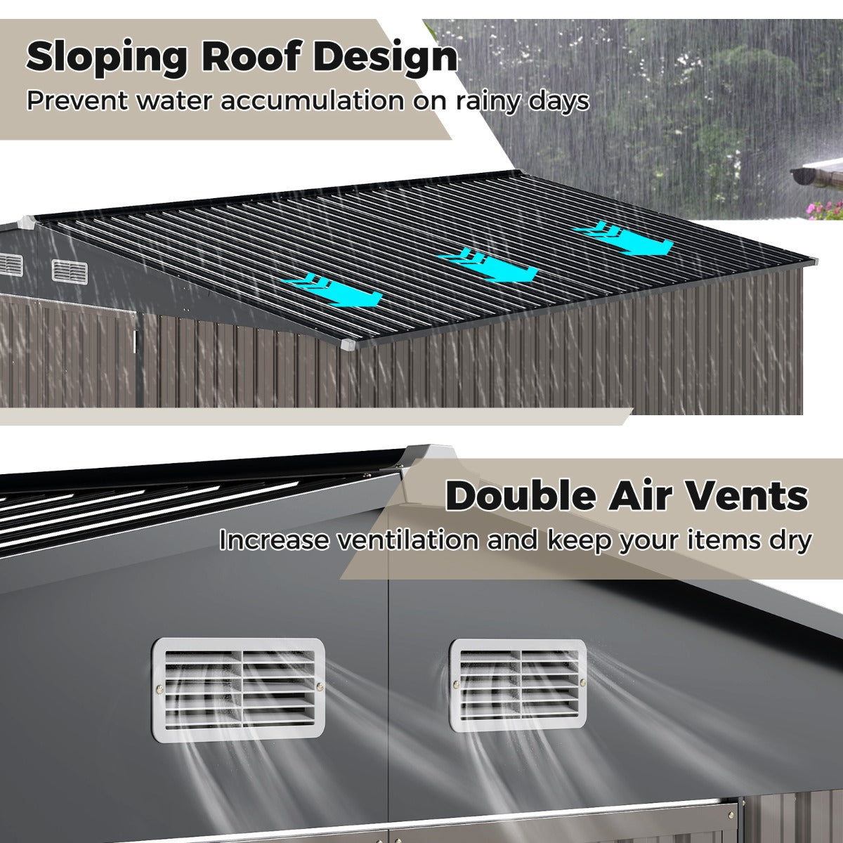 LIVSK Metalen Tuinhuis - Ruime Opbergruimte 350 x 350 x 198 cm - Schuin Dak - Ventilatieopeningen - Veilig met 2 Deuren - Grijs