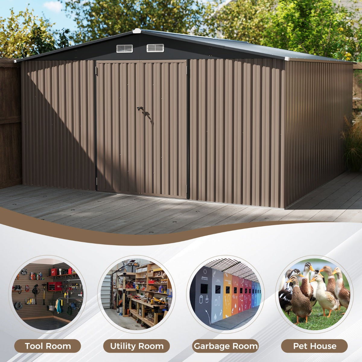 LIVSK Metalen Tuinhuis - Ruime Opbergruimte 350 x 350 x 198 cm - Schuin Dak - Ventilatieopeningen - Veilig met 2 Deuren - Grijs