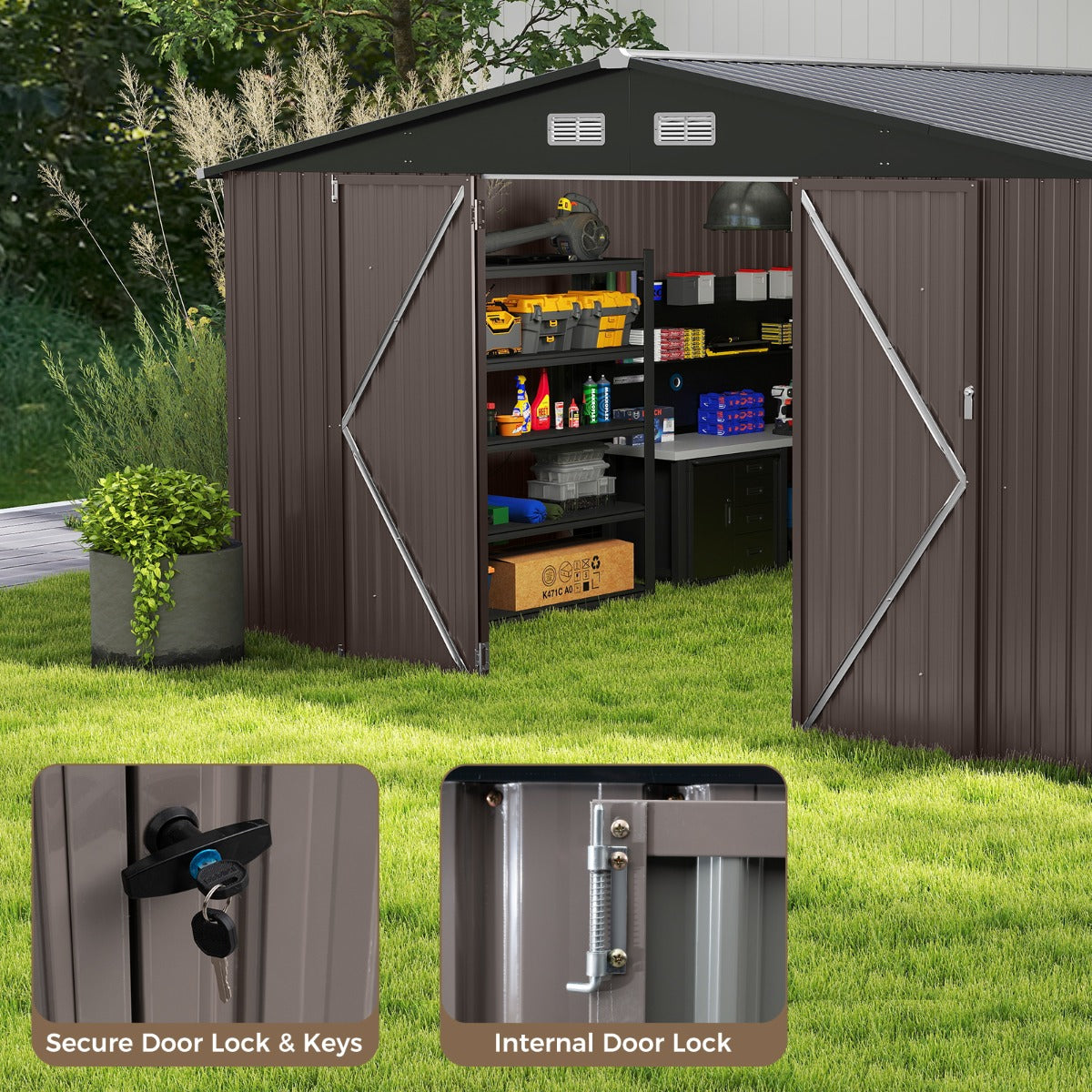 LIVSK Metalen Tuinhuis - Ruime Opbergruimte 350 x 350 x 198 cm - Schuin Dak - Ventilatieopeningen - Veilig met 2 Deuren - Grijs