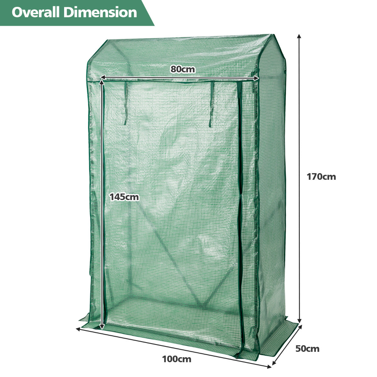 LIVSK Tuinkas 100 x 50 x 170 cm - Waterdichte PE-afdekking - Stabiel Elektroforetisch Staal - Inclusief Windtouwen - Groen