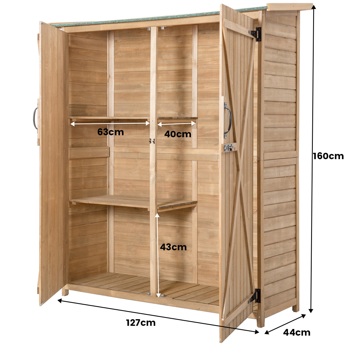 LIVSK Houten Gereedschapskast Tuinhuis - Weerbestendig met Afsluitbare Deuren - Ruime Opbergruimte - 140 x 50 x 162 cm - Natuur