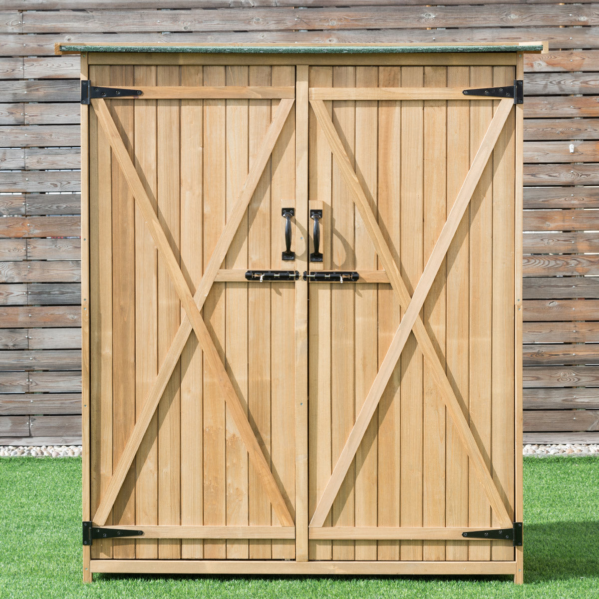 LIVSK Houten Gereedschapskast Tuinhuis - Weerbestendig met Afsluitbare Deuren - Ruime Opbergruimte - 140 x 50 x 162 cm - Natuur