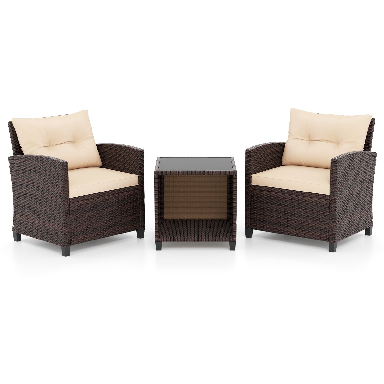 LIVSK Tuinmeubelset - Handgeweven PE Rotan - Comfortabele Stoelen met Kussens - Salontafel met Glazen Blad - Mix-bruin
