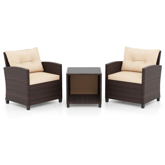 LIVSK Tuinmeubelset - Handgeweven PE Rotan - Comfortabele Stoelen met Kussens - Salontafel met Glazen Blad - Mix-bruin