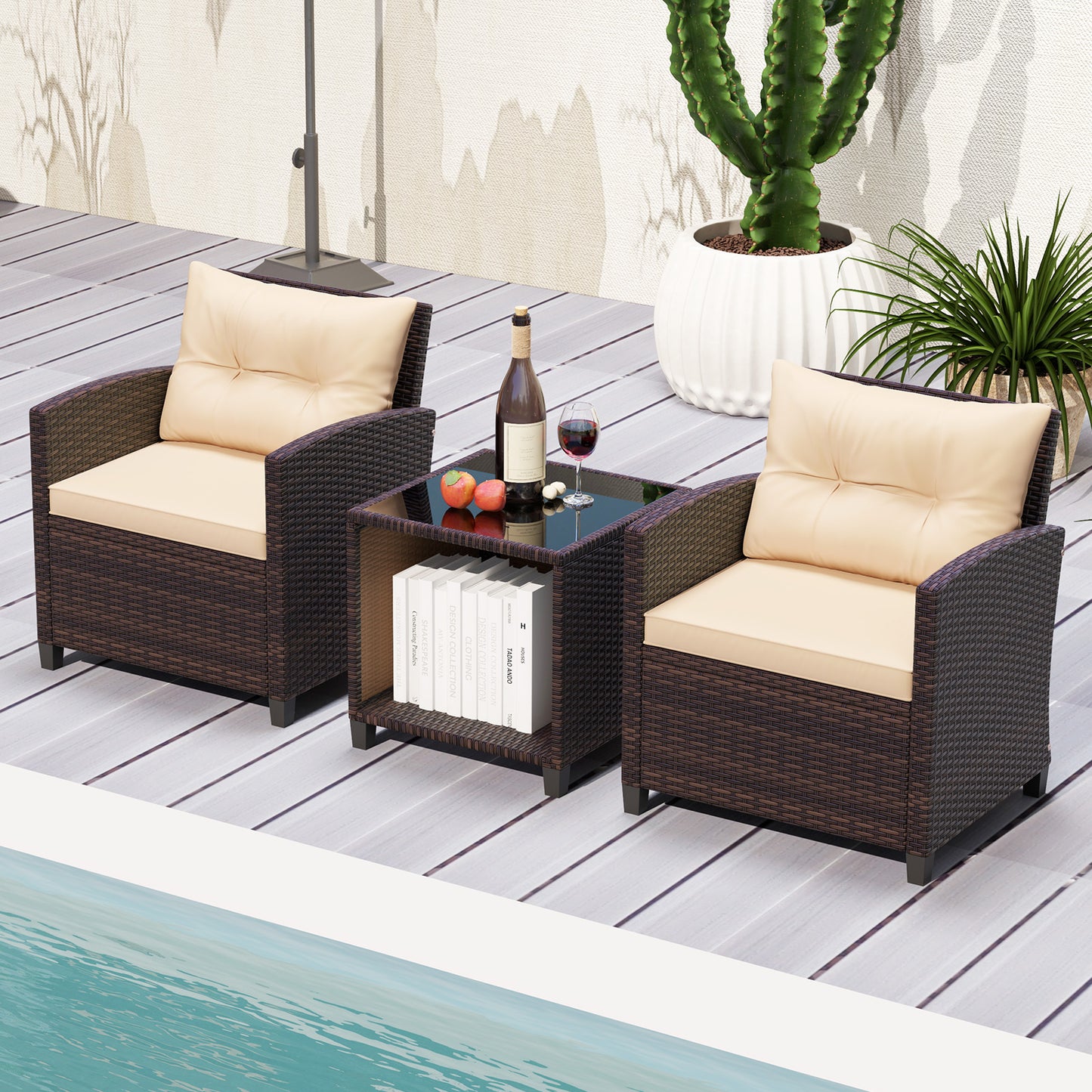 LIVSK Tuinmeubelset - Handgeweven PE Rotan - Comfortabele Stoelen met Kussens - Salontafel met Glazen Blad - Mix-bruin