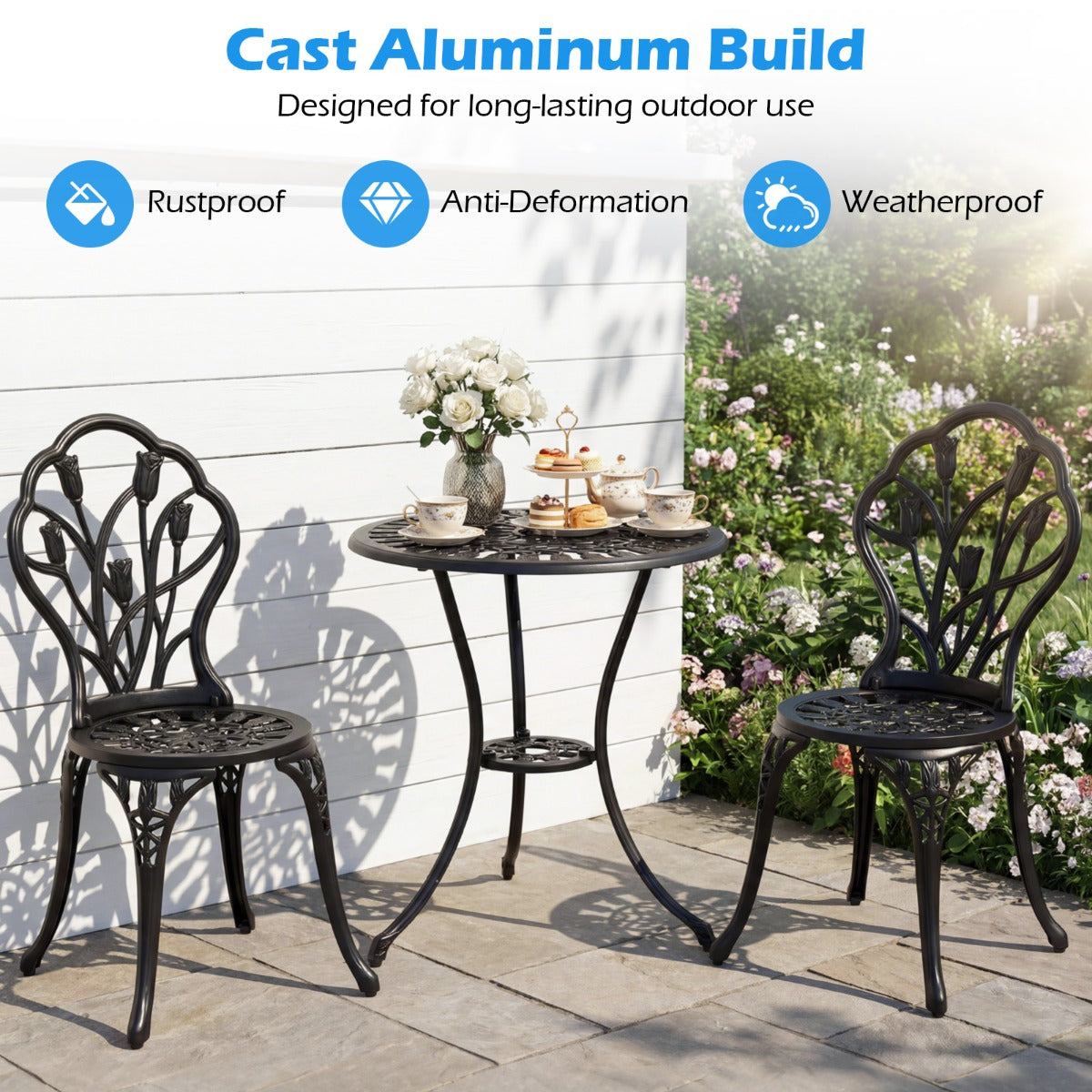 Livsk costway tuinset van gegoten aluminium weerbestendige buitentafel en stoelen met parasolgat