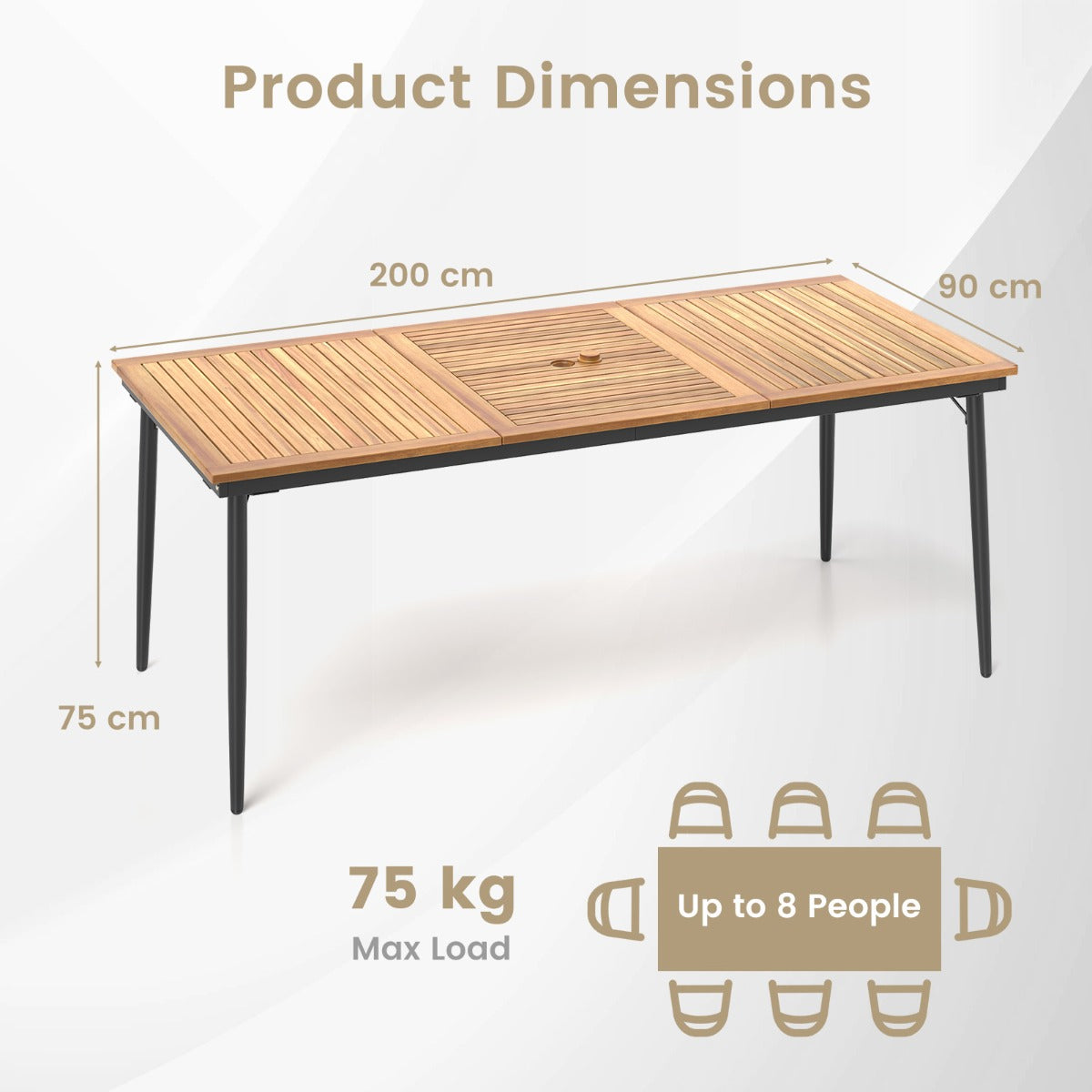 LIVSK Terrastafel 200 x 90 x 75 cm - Acaciahout - Parasolopening Ø 5 cm - Geschikt voor 8 personen - Naturel en zwart