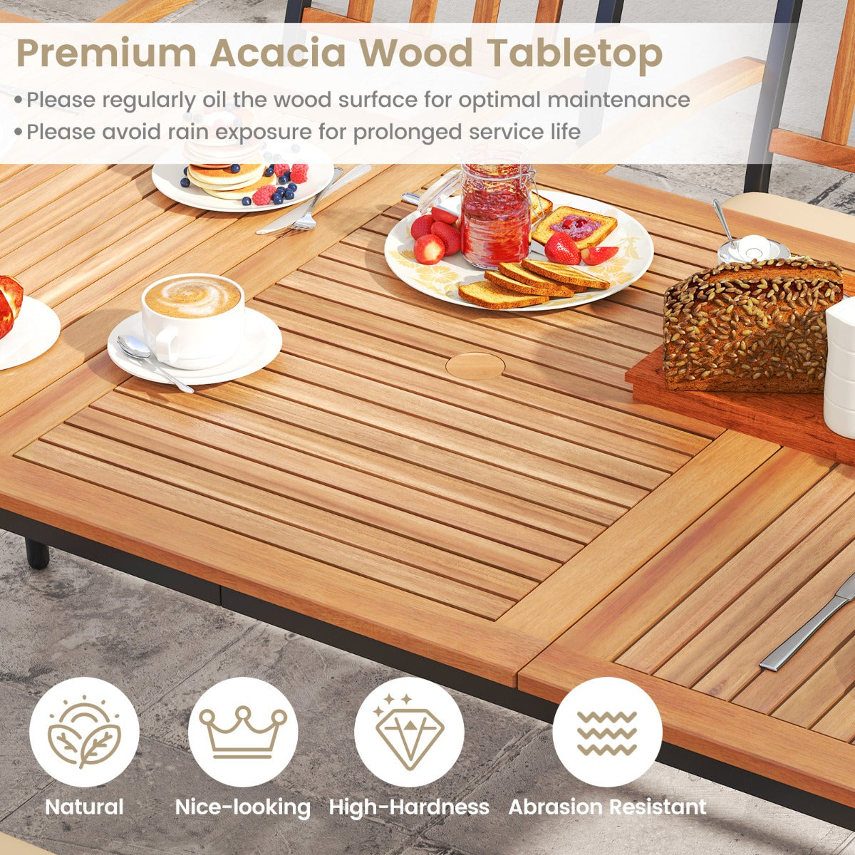 LIVSK Terrastafel 200 x 90 x 75 cm - Acaciahout - Parasolopening Ø 5 cm - Geschikt voor 8 personen - Naturel en zwart