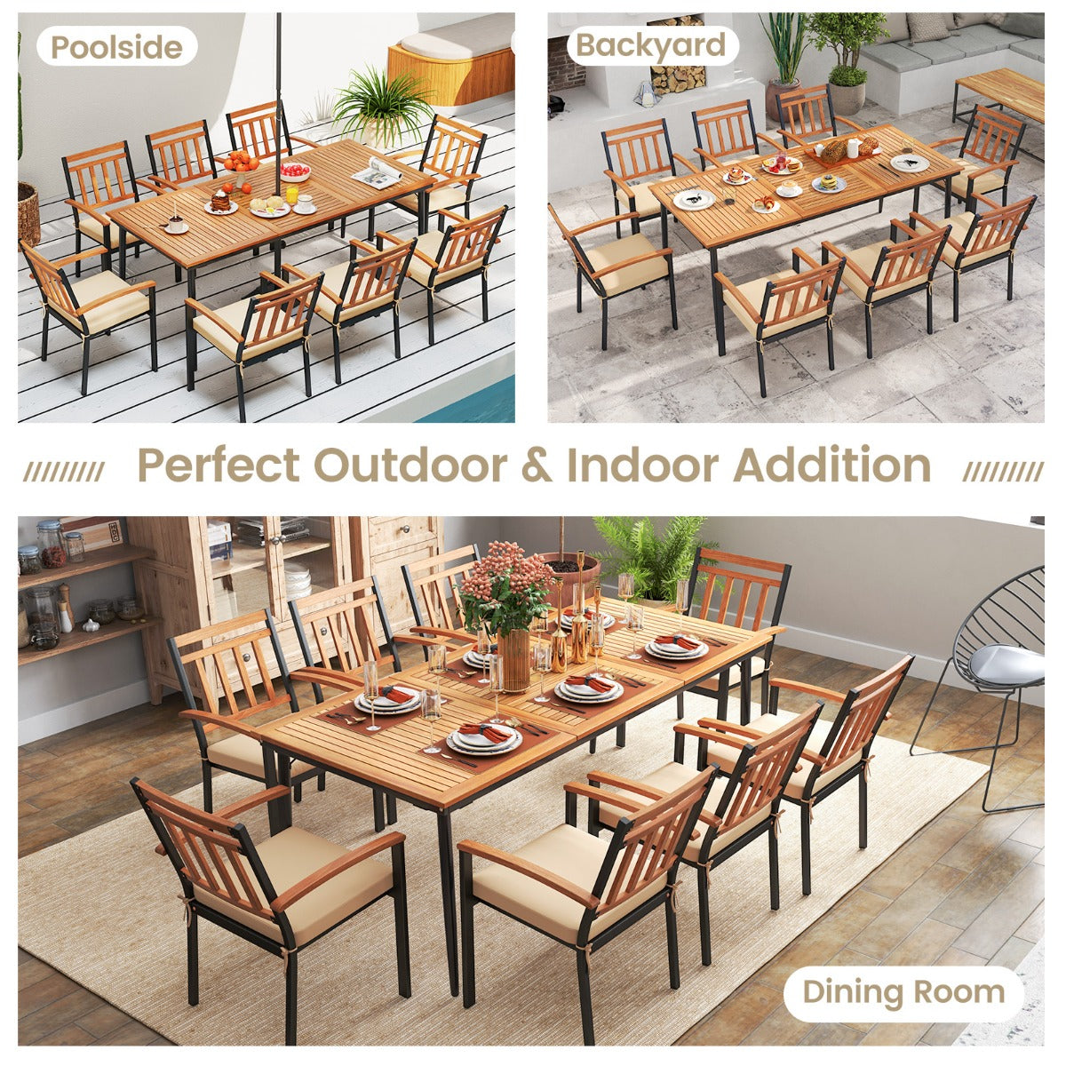 LIVSK Terrastafel 200 x 90 x 75 cm - Acaciahout - Parasolopening Ø 5 cm - Geschikt voor 8 personen - Naturel en zwart