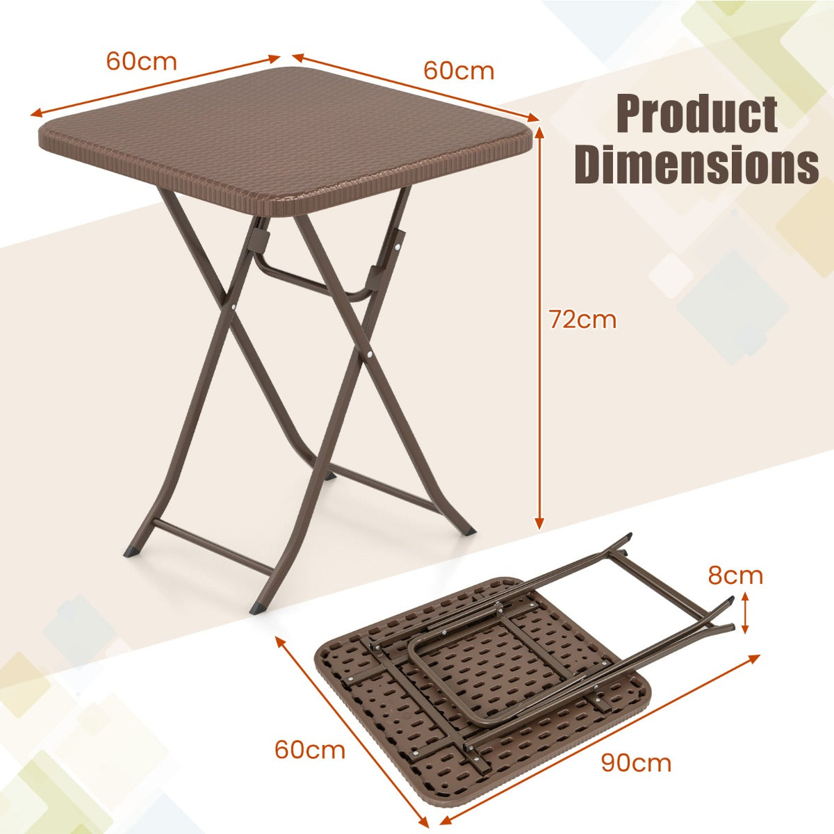 LIVSK Inklapbare Picknicktafel - HDPE-Tafelblad - Geschikt voor 4 Personen - Draagbaar en Weerbestendig - 60 x 60 cm - Koffie