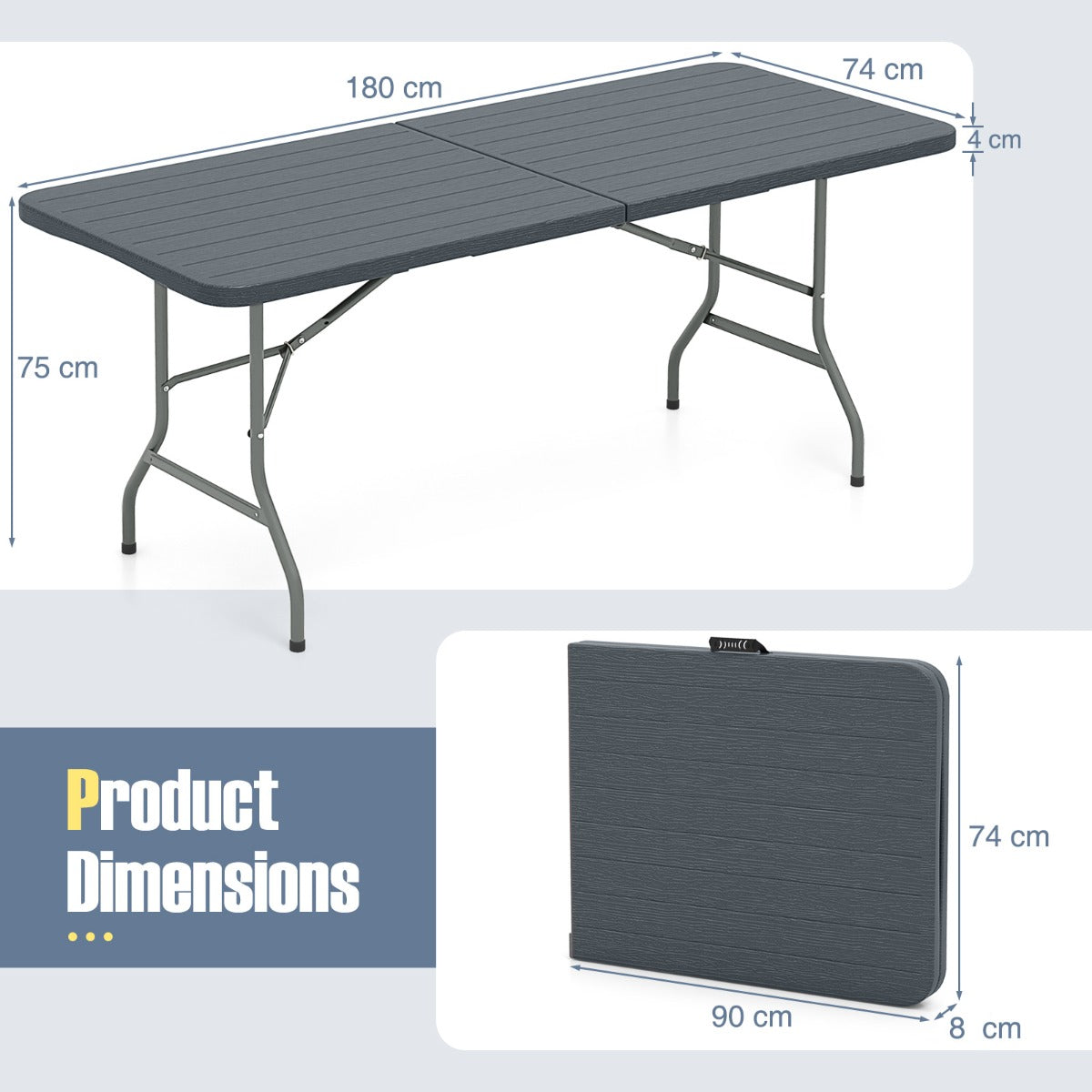 LIVSK Opvouwbare Klaptafel - HDPE Tafelblad 180 x 74 cm - Stevige Metalen Poten - Draagvermogen 160 kg - Grijs