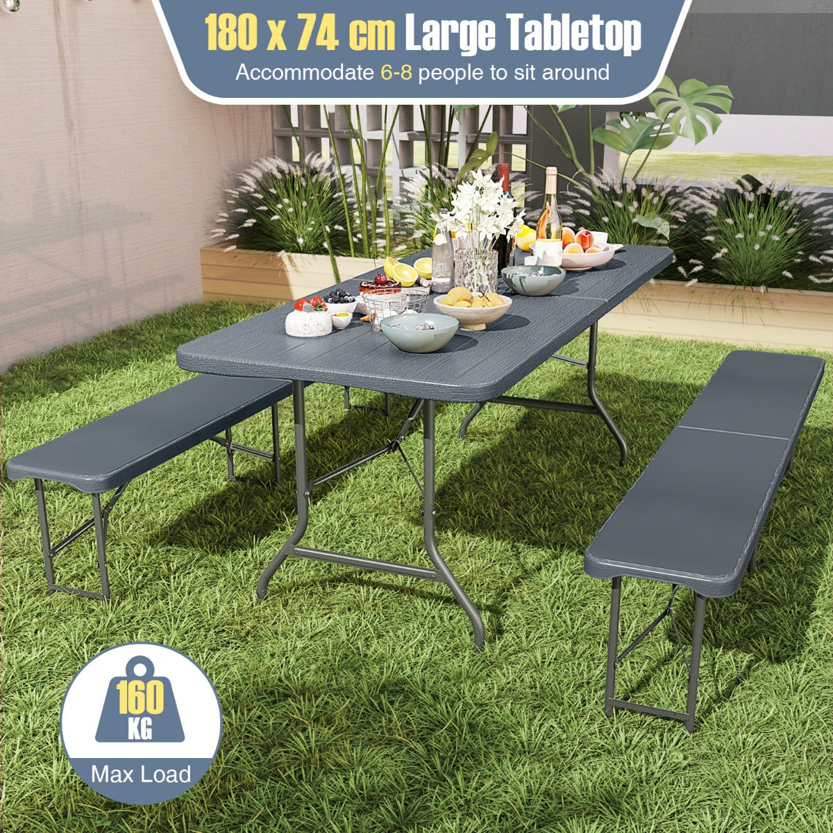 LIVSK Opvouwbare Klaptafel - HDPE Tafelblad 180 x 74 cm - Stevige Metalen Poten - Draagvermogen 160 kg - Grijs