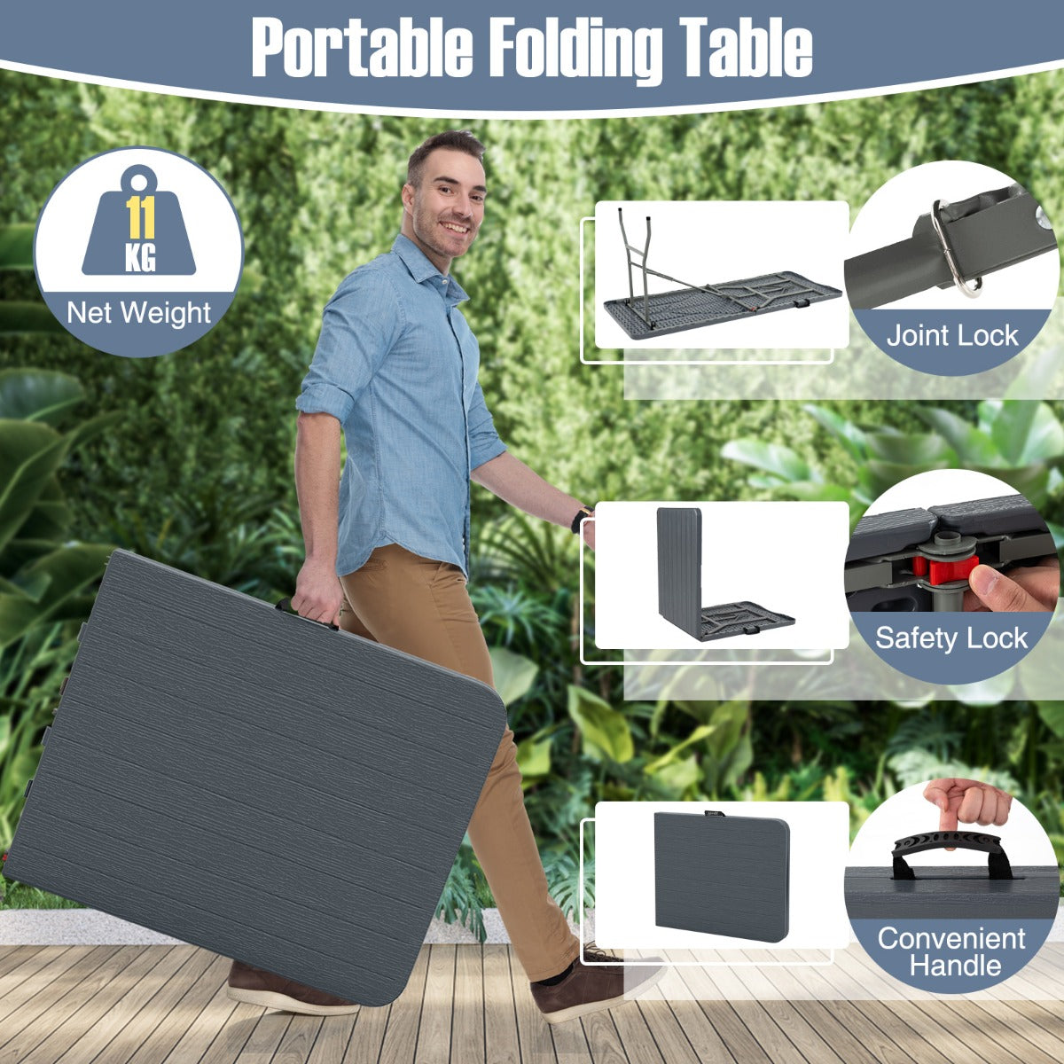 LIVSK Opvouwbare Klaptafel - HDPE Tafelblad 180 x 74 cm - Stevige Metalen Poten - Draagvermogen 160 kg - Grijs