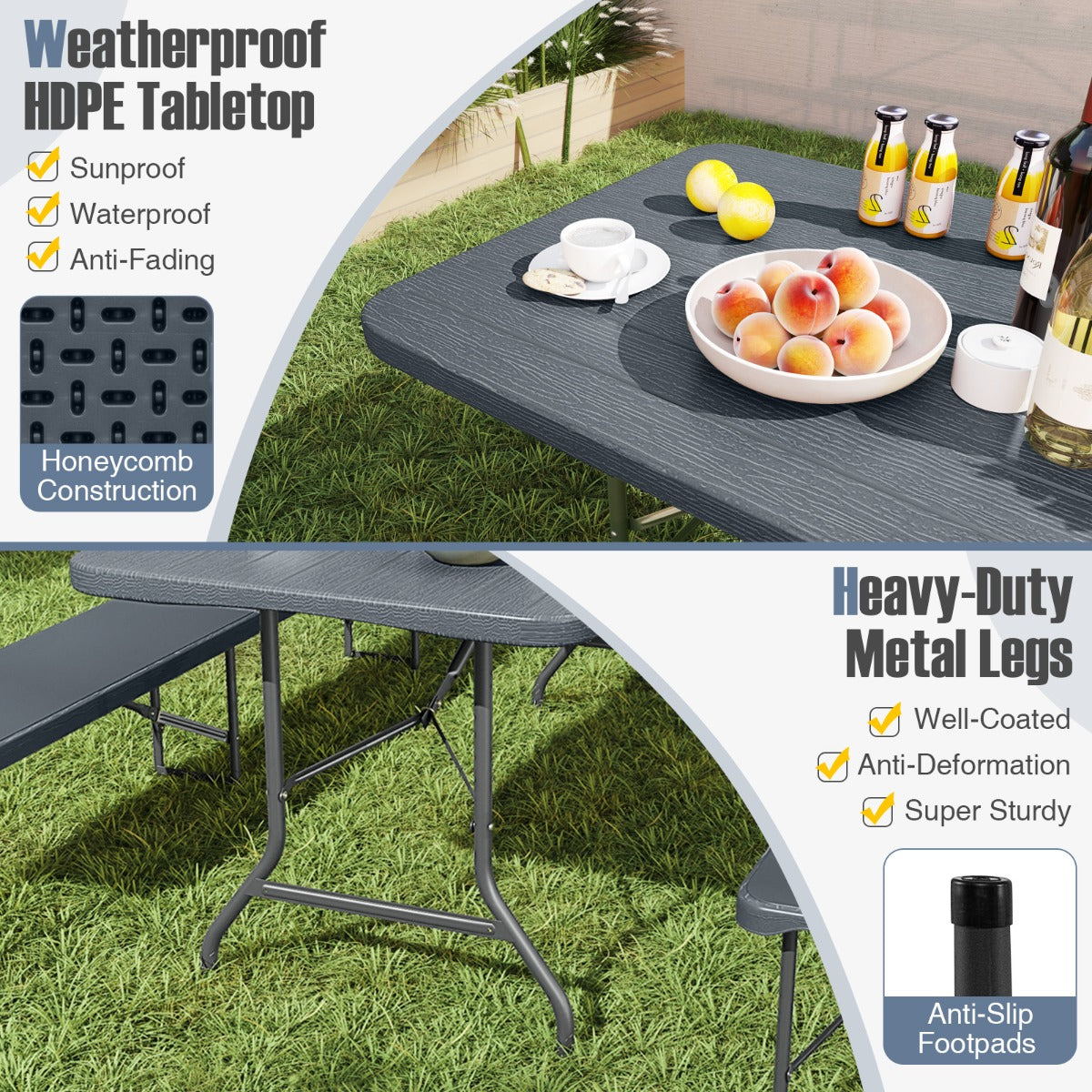 LIVSK Opvouwbare Klaptafel - HDPE Tafelblad 180 x 74 cm - Stevige Metalen Poten - Draagvermogen 160 kg - Grijs