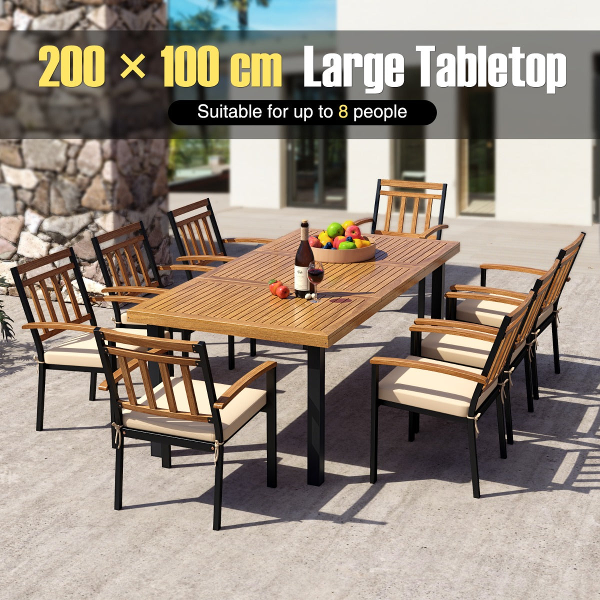 LIVSK Outdoor Eettafel voor 8 Personen - Massief Acaciahout met Parasolgat - Robuuste Constructie - 200 x 100 x 75 cm - Naturel +