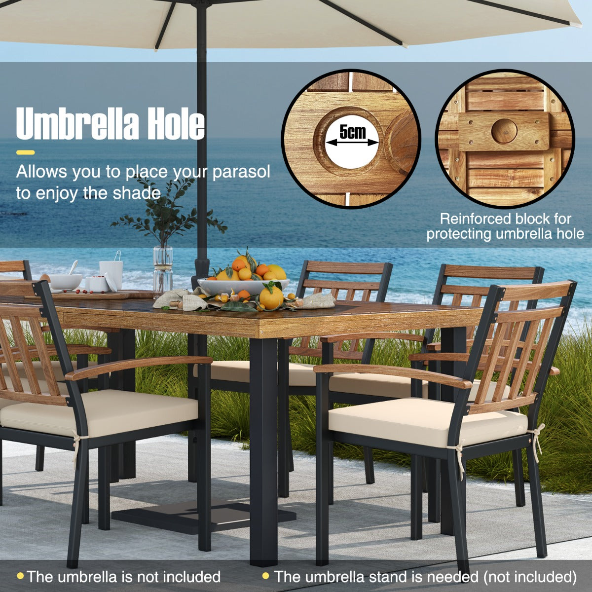 LIVSK Outdoor Eettafel voor 8 Personen - Massief Acaciahout met Parasolgat - Robuuste Constructie - 200 x 100 x 75 cm - Naturel +