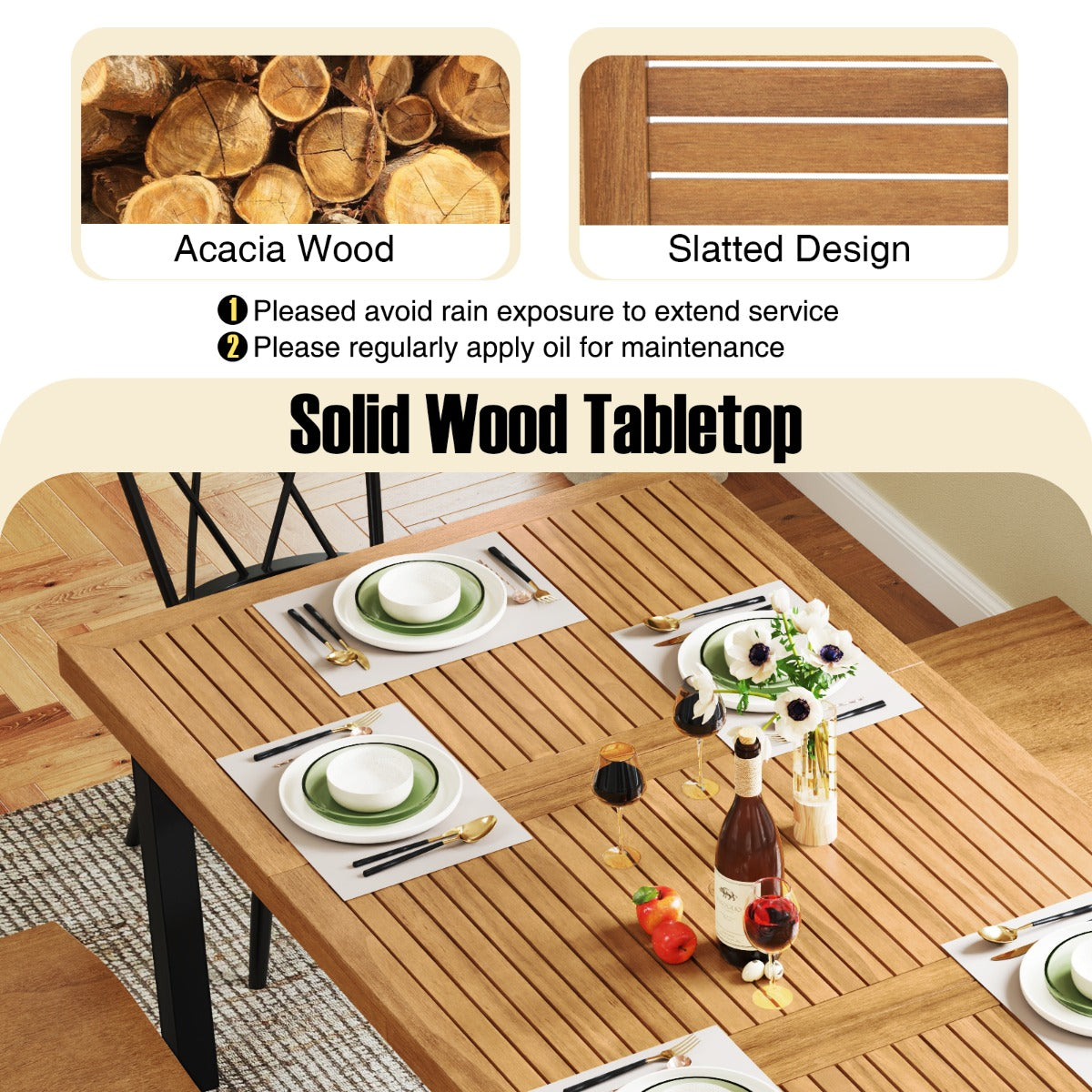 LIVSK Outdoor Eettafel voor 8 Personen - Massief Acaciahout met Parasolgat - Robuuste Constructie - 200 x 100 x 75 cm - Naturel +