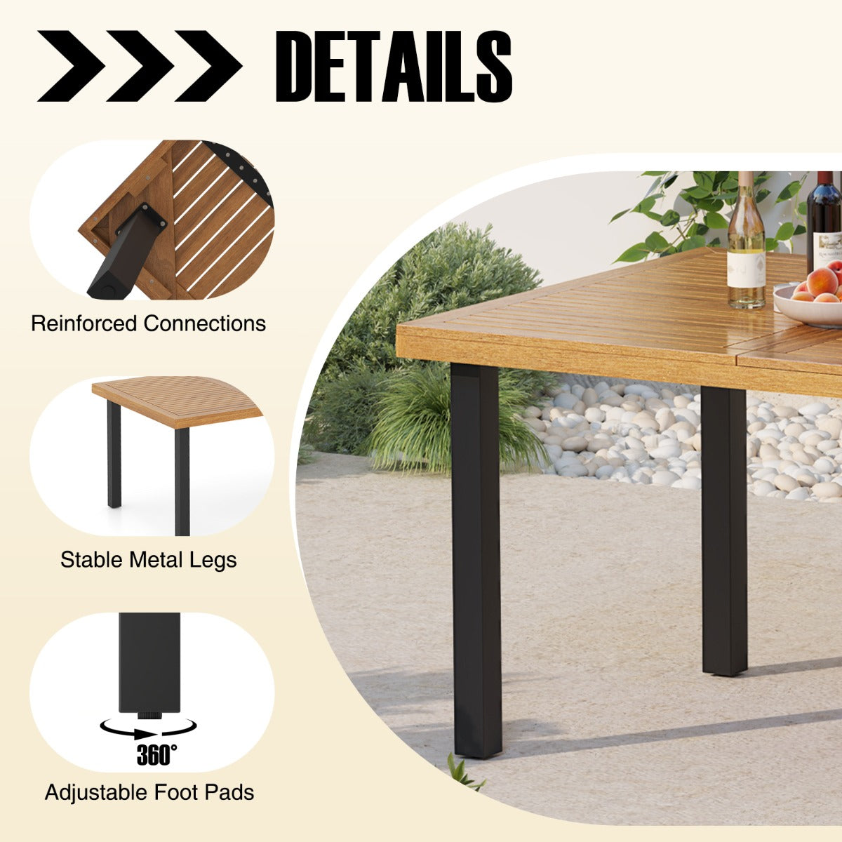 LIVSK Outdoor Eettafel voor 8 Personen - Massief Acaciahout met Parasolgat - Robuuste Constructie - 200 x 100 x 75 cm - Naturel +