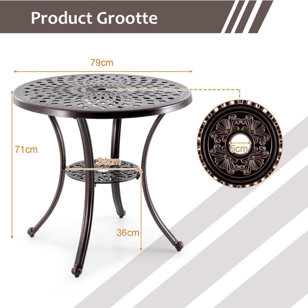 LIVSK Weerbestendige Tuintafel van Gegoten Aluminium - Inclusief Parasolgat - Stabiel en Lichtgewicht - 79 x 71 cm - Brons