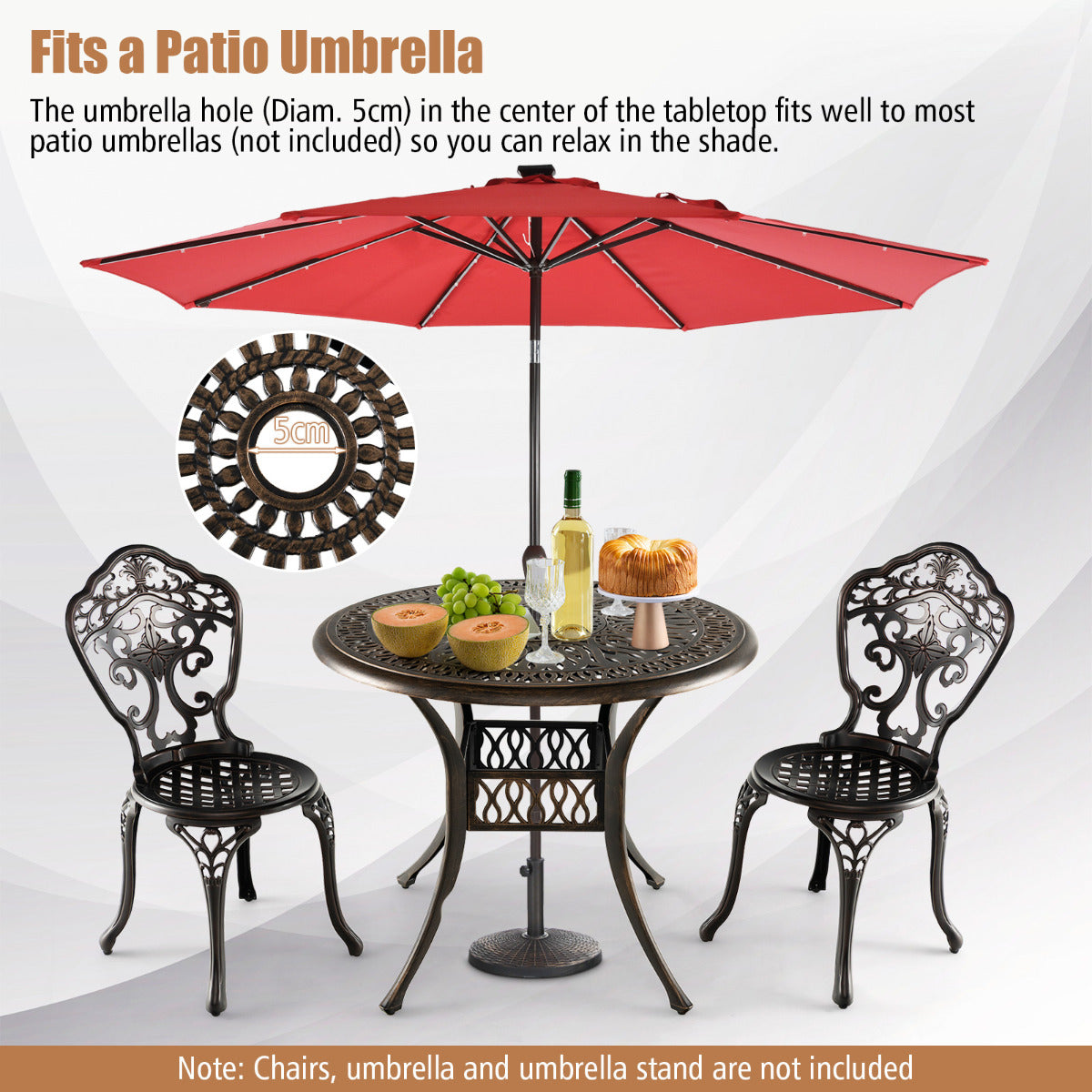 LIVSK Weerbestendige Tuintafel - Gegoten Aluminium - Parasolgat - Voor 4 Personen - 90 cm Diameter - Antiek bruin